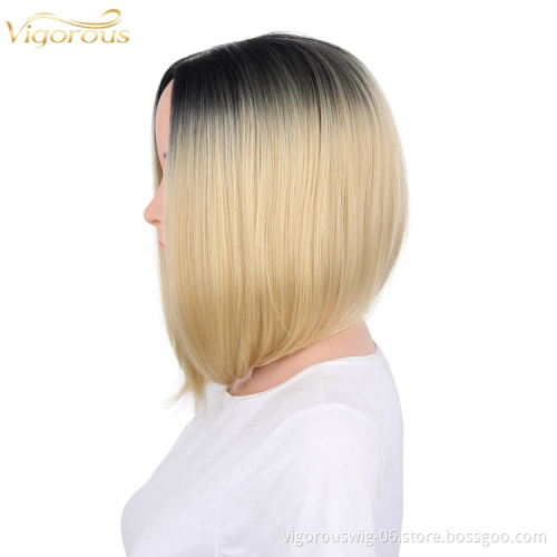 Ombre blonde short straight wavy hair vendor high quality premium wholesale synthetic heat resistant wig lace front black women